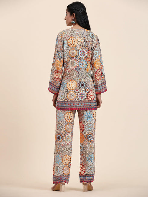 Samma Chikankari Co-ord Set in Polysilk for Women- Orange multicolour Print